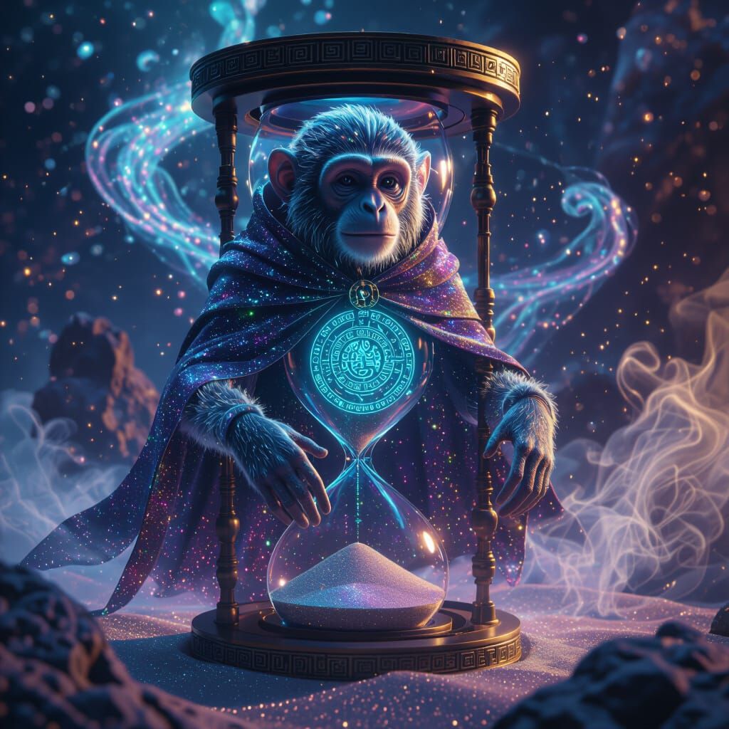 Mystical Transparent Monkey in Hourglass, Digital Art