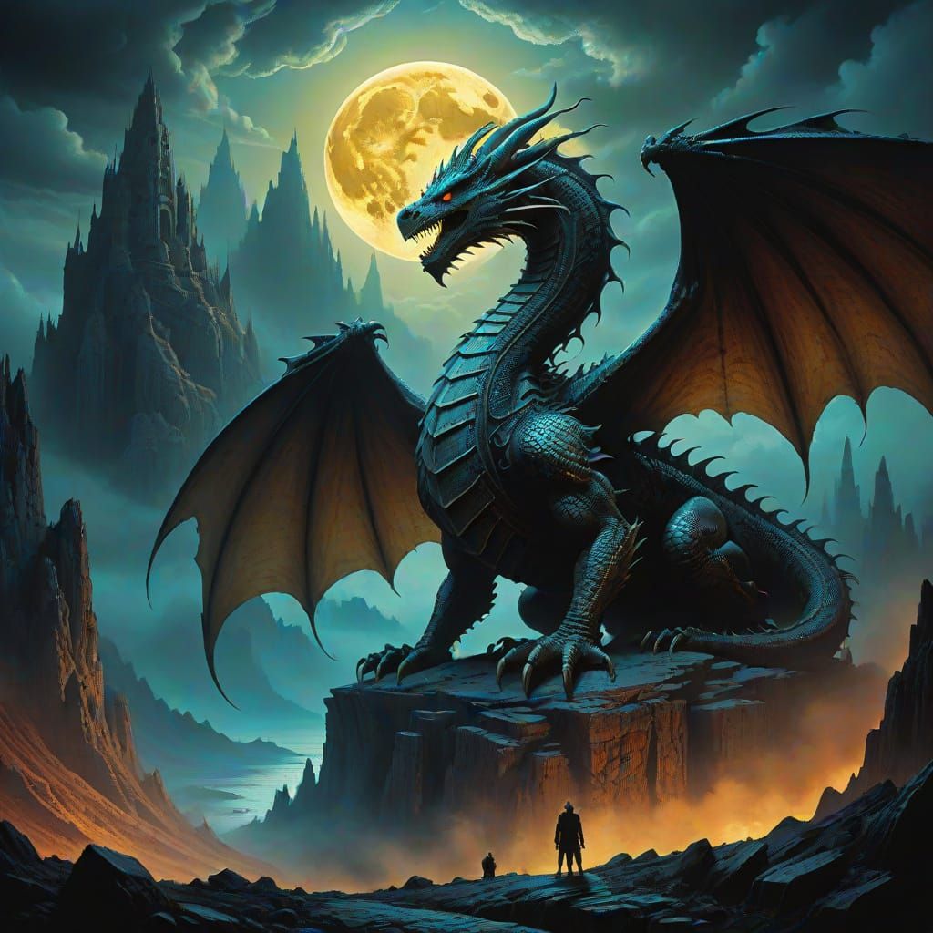 Majestic Lunar Dragon Perched on Mystical Mountain