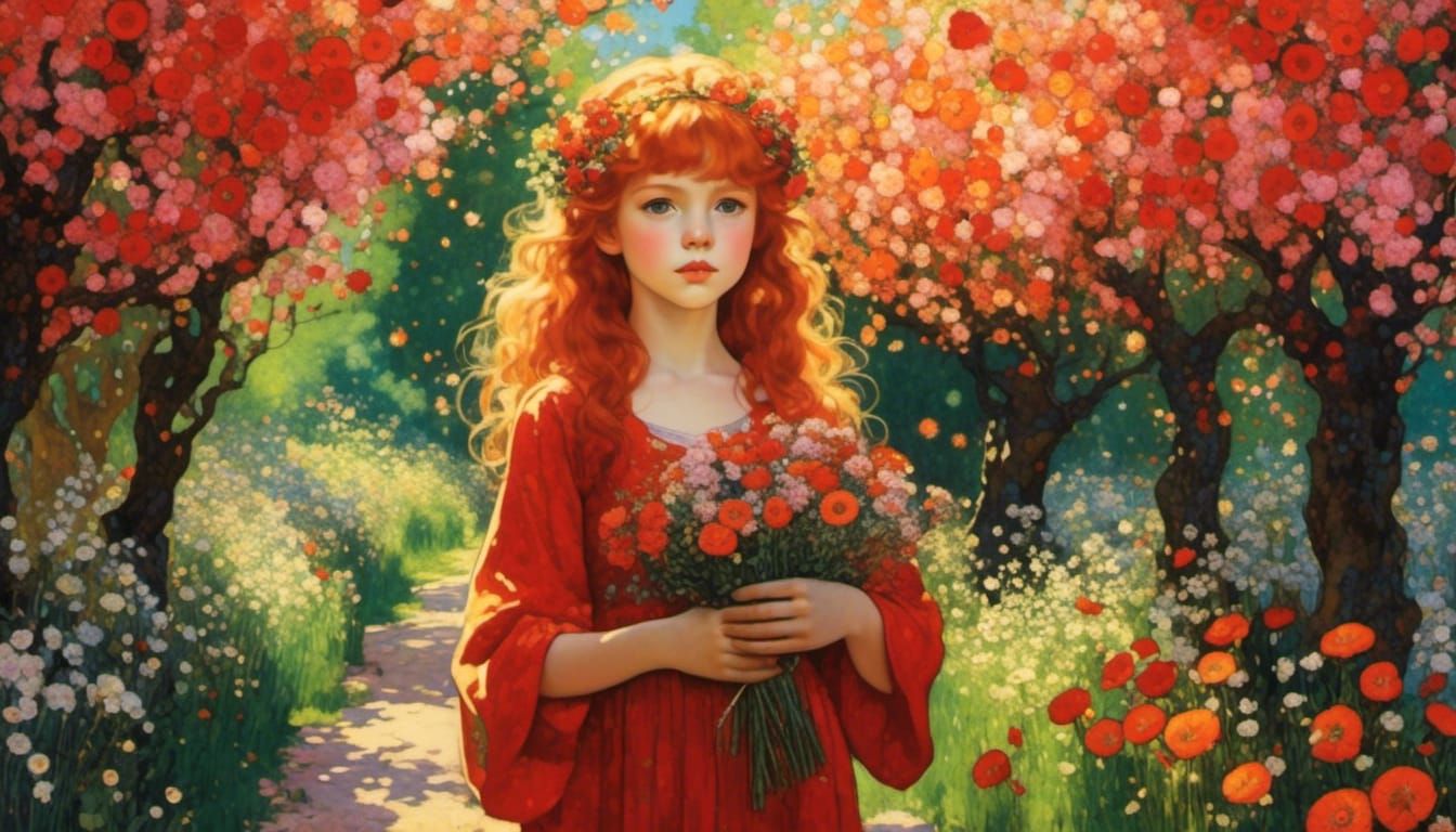 Redhead Girl Portrait in Klimt-Inspired Anime Style