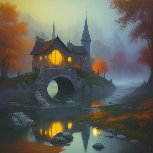 Surreal Tower on Floating Stone Bridge in Autumnal Hues