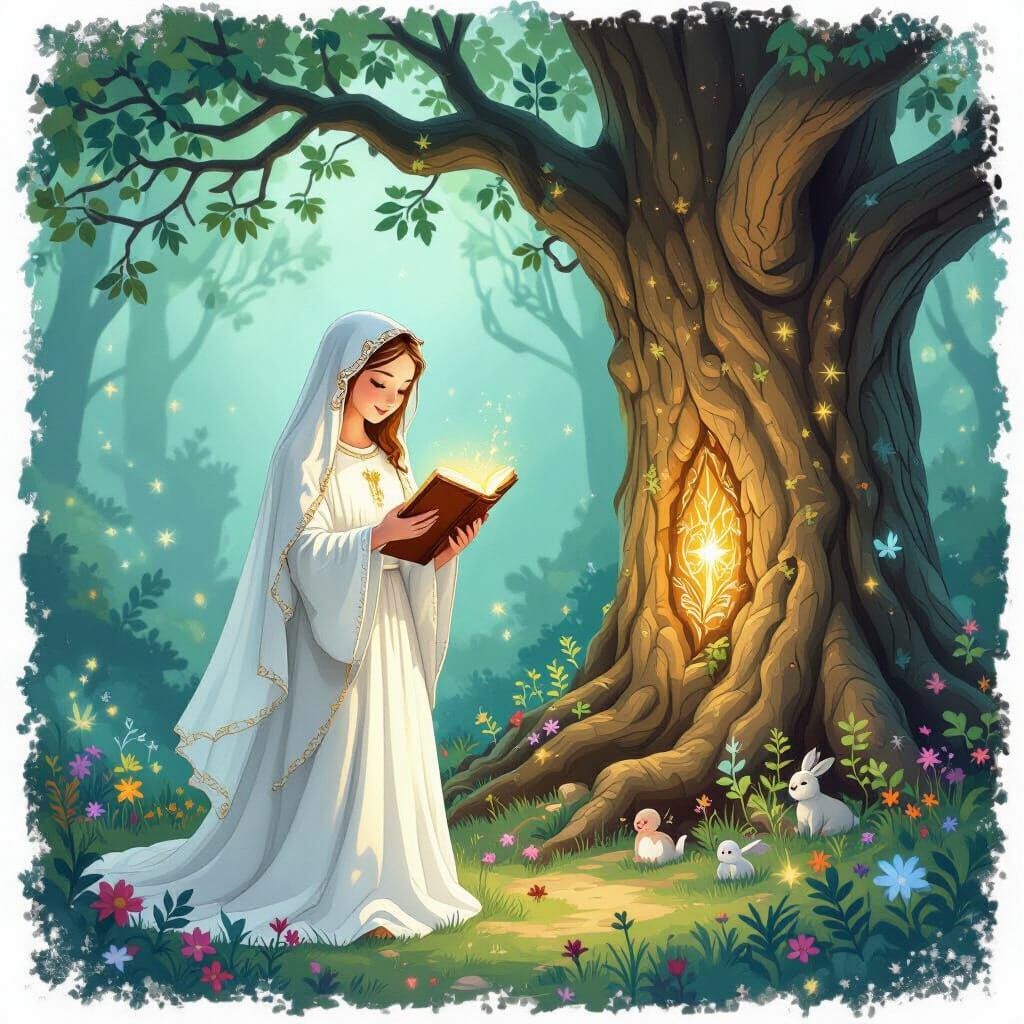Virgin Mary Praying by Ancient Tree in Mystical Clearing