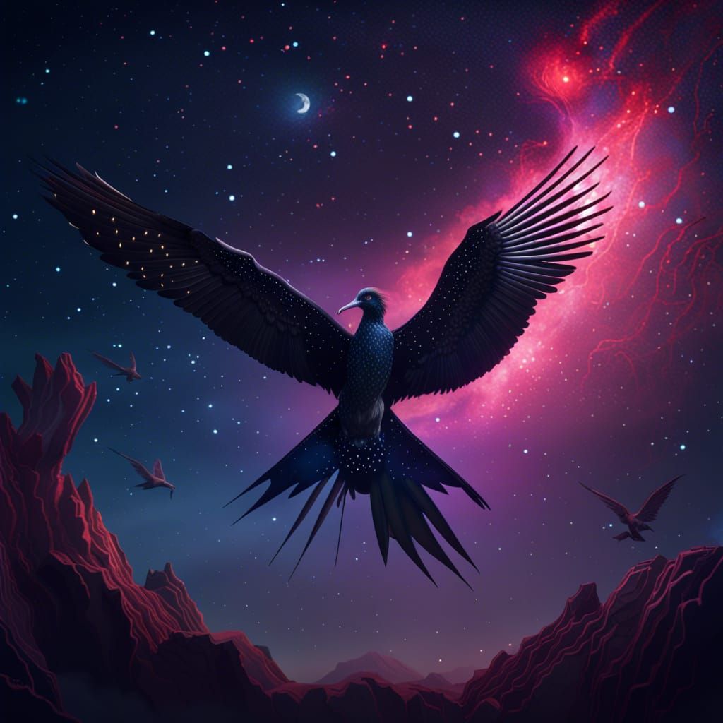 Frigatebird Soaring in Starry Sky: Fantasy Concept Art