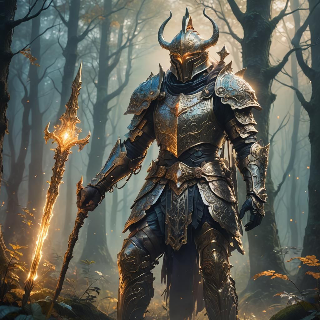 Mythical Hero in Misty Forest, Oil Painting