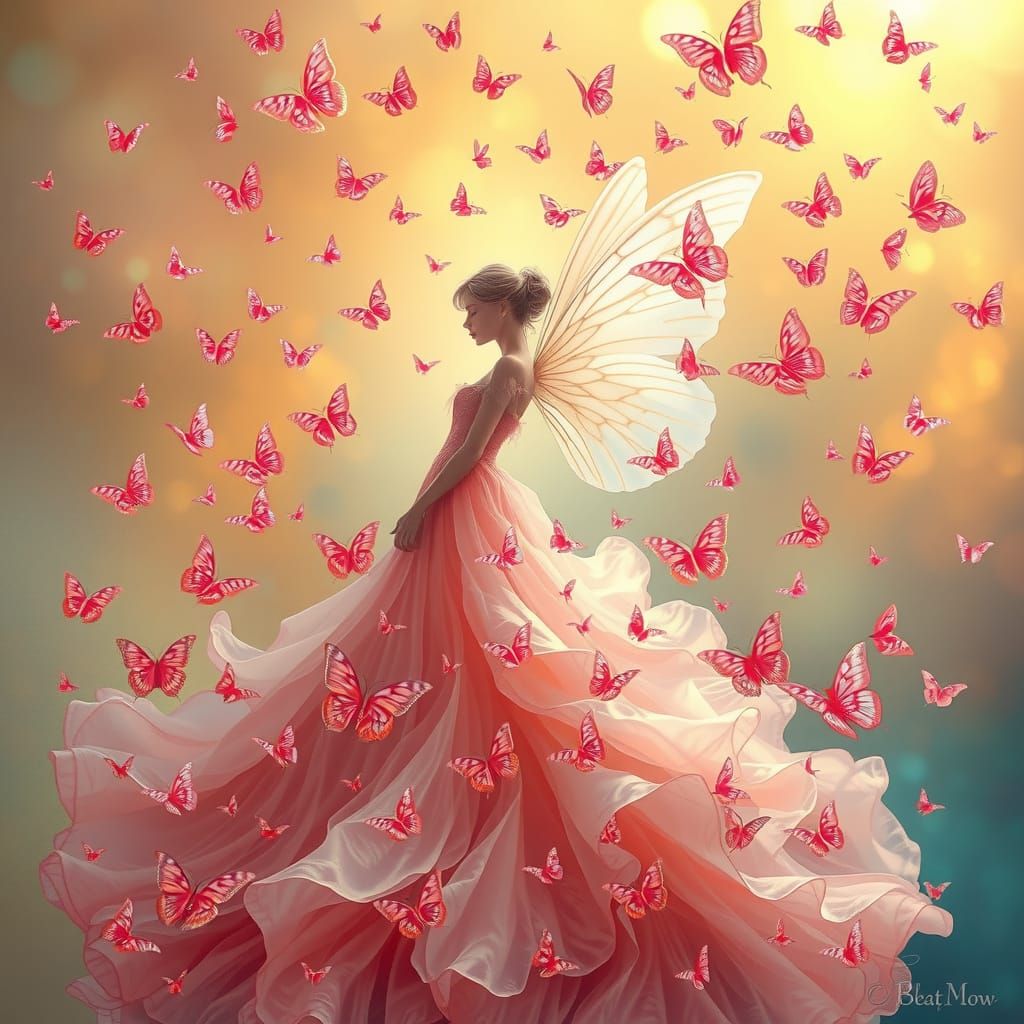 Ethereal Goddess in Soft Pink and Iridescent Butterflies