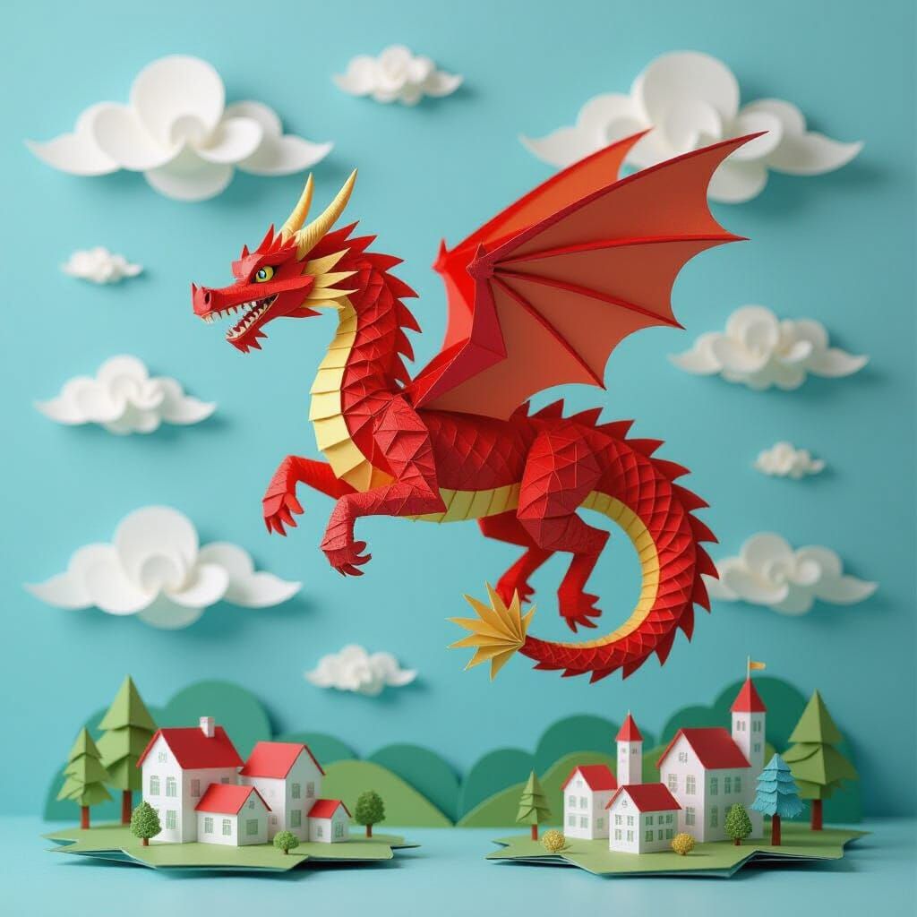 Origami Dragon Soars Over Paper Kingdom in Diffused Light