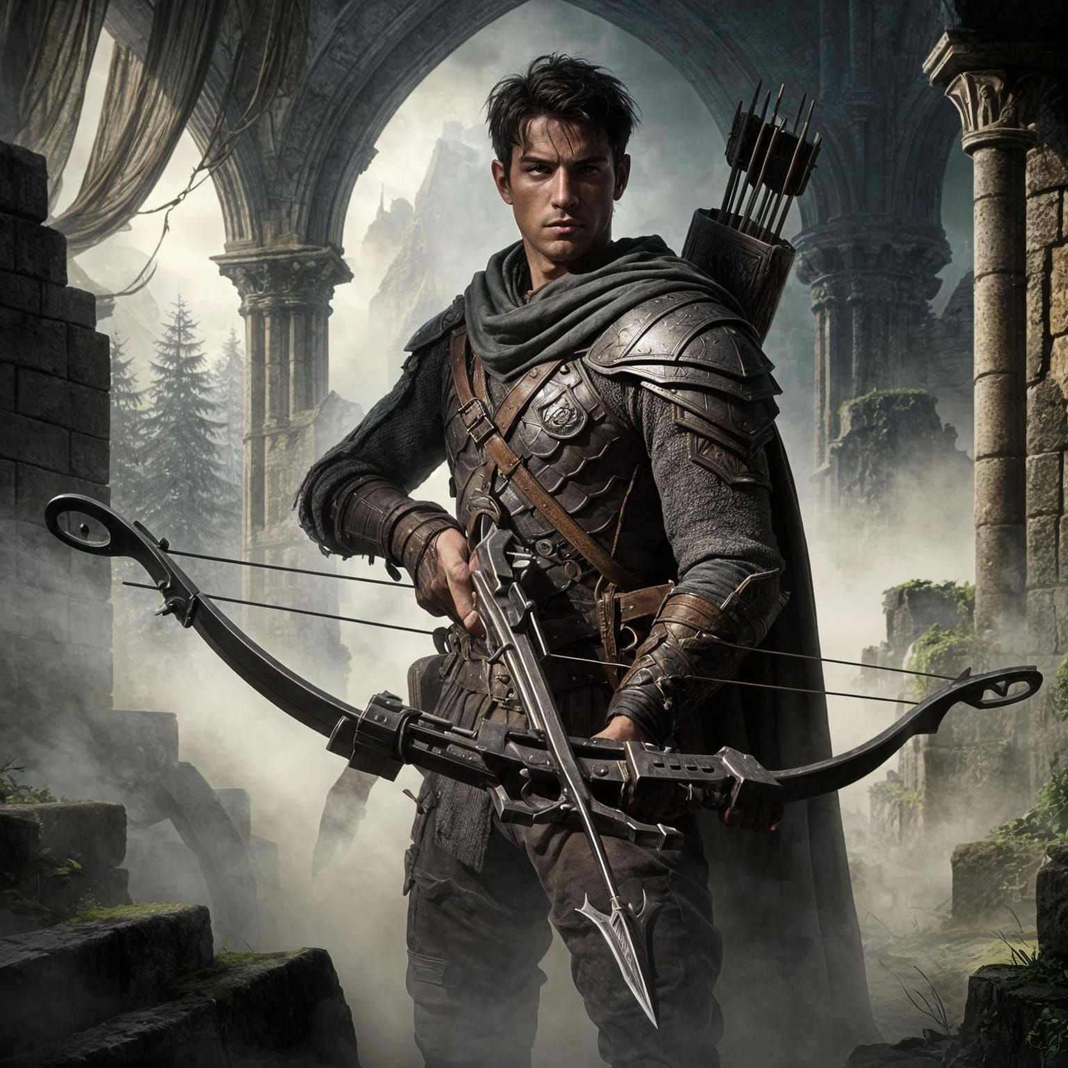 Fantasy Fighter in Foggy Ruins with Crossbow