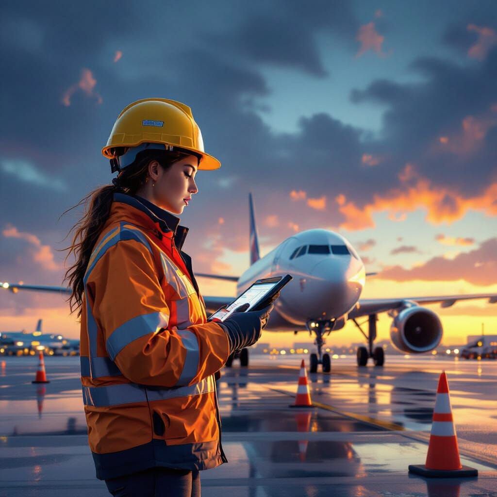 Female Safety Engineer Inspects Aircraft on Airport Tarmac