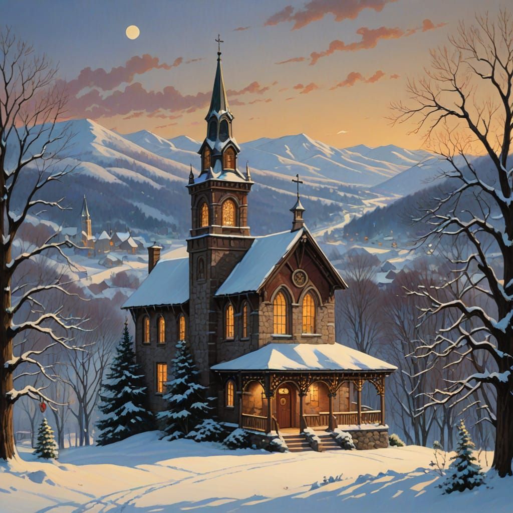 Rustic Christmas Church Under Moonlit Snow