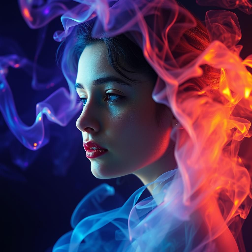 Ethereal Woman Portrait with Iridescent Smoke, Digital Art