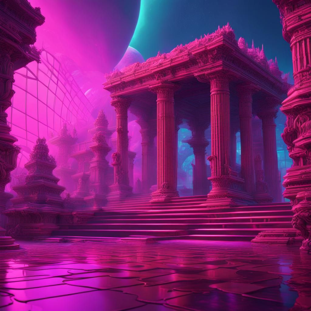 Vaporwave Ancient Alien Temple in Matte Painting Style