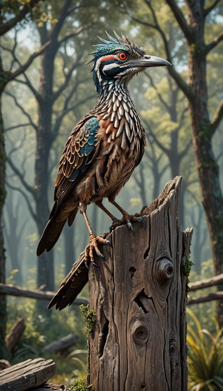 Roadrunner Lizard Hybrid on Fencepost, Detailed Digital Pain...
