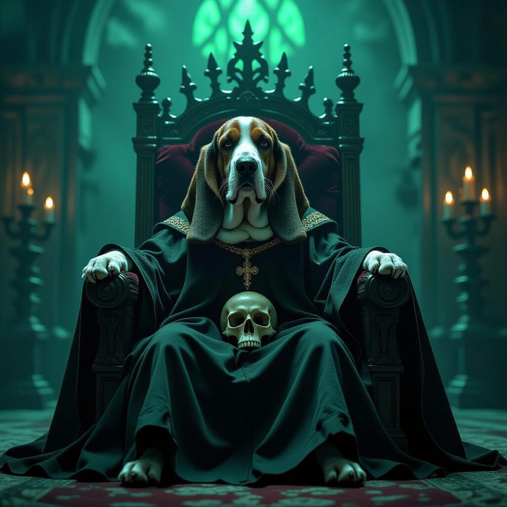 Basset Hound Wizard King on Bone Throne
