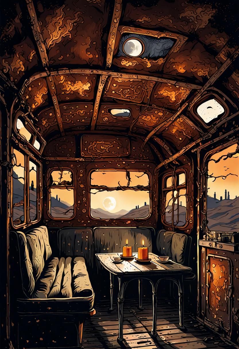 Old Man in Abandoned Train Carriage at Night