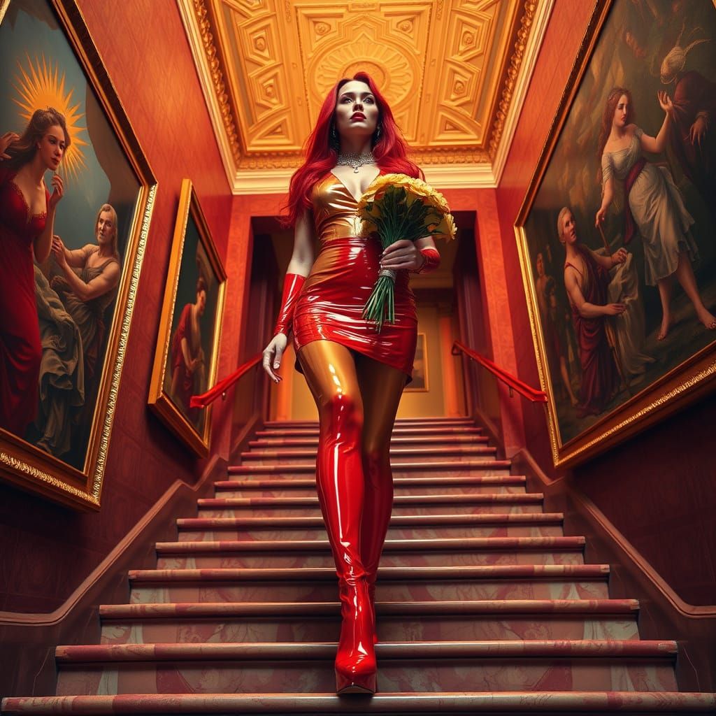 Powerful Woman in Gold and Crimson Latex on Museum Stairs