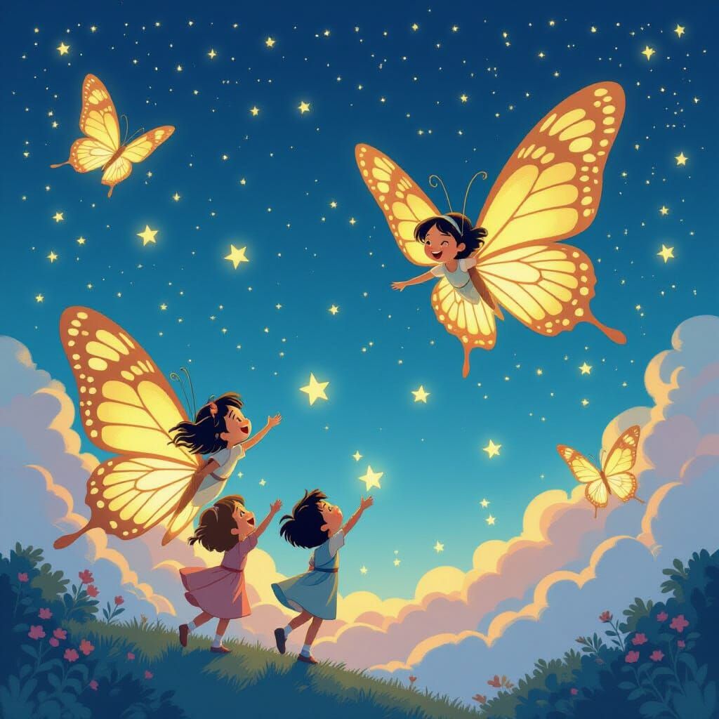 Children Soaring on Butterflies in a Fantasy Night Sky