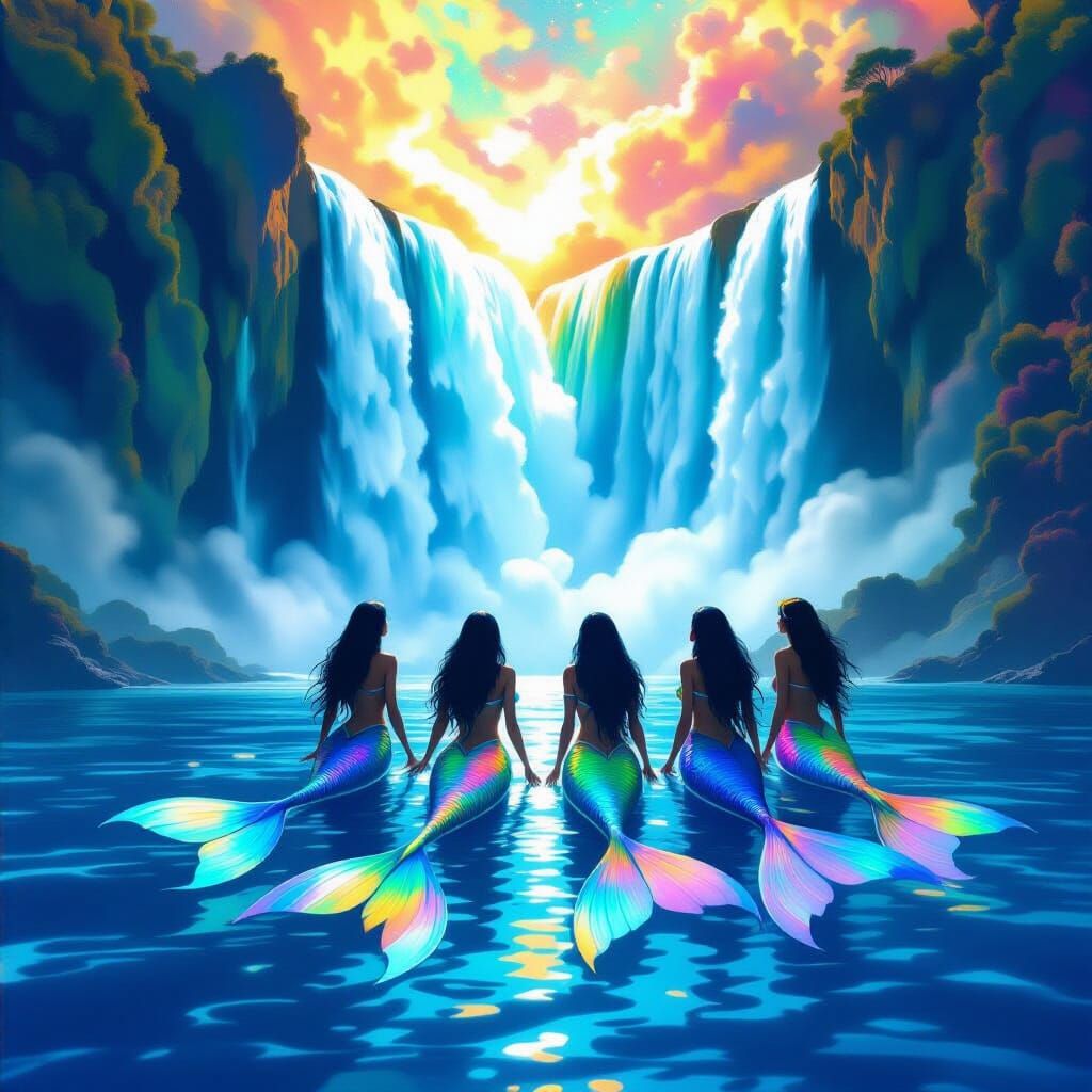 Outer Space Mermaids Behind Waterfall Nebula