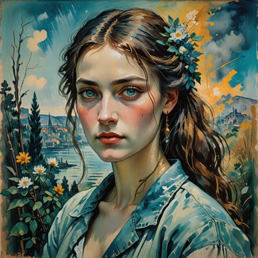 Blue-Eyed Woman Portrait in Vibrant Oil Painting Style