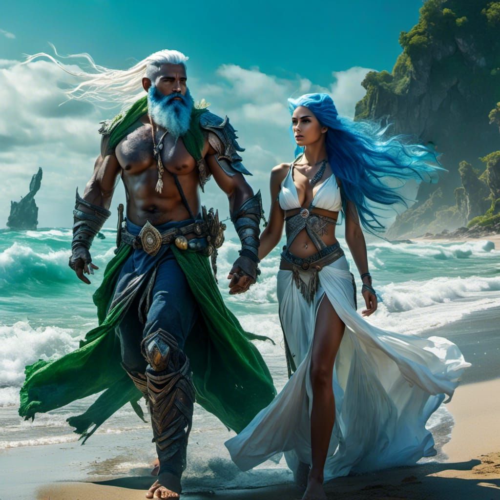 Elf Sorceress and Orc Warrior on a Beach