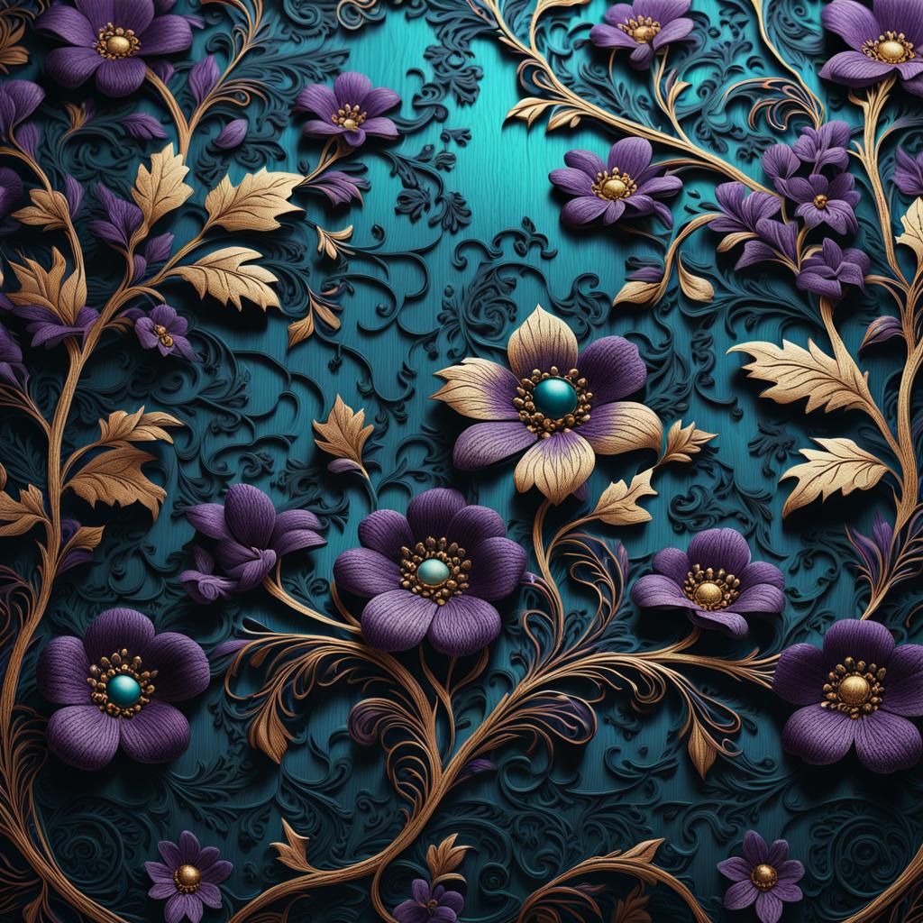 Ornate Lace Flower Wallpaper with Embroidery, Art Nouveau