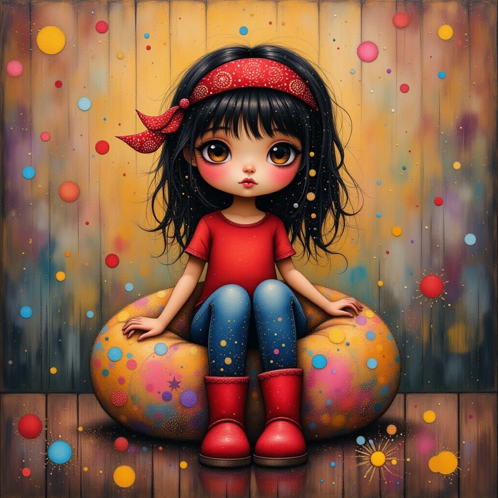 Whimsical Girl in Abstract Paint Splatter Scene