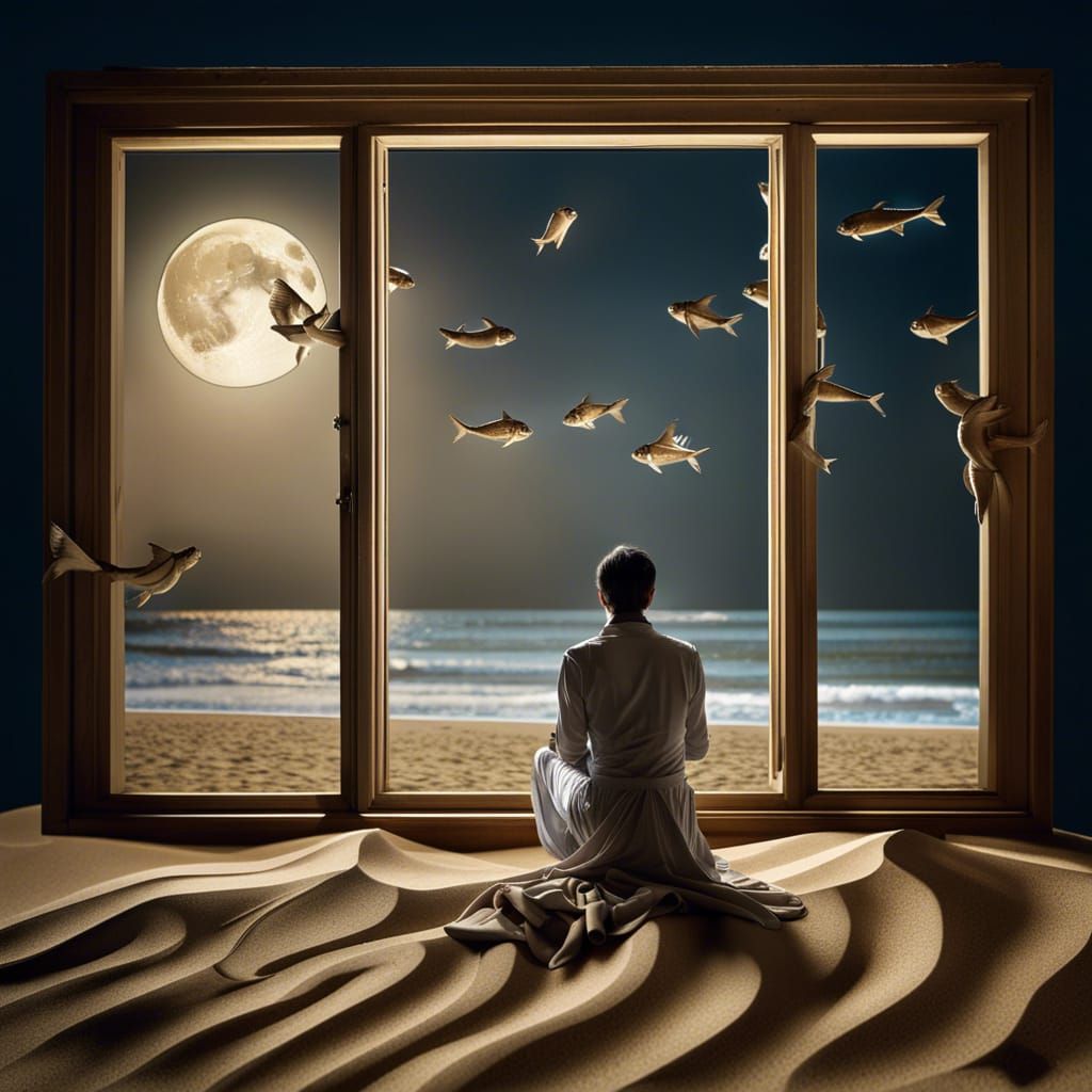Surreal Beach Window with Mannequin in Hyperrealism