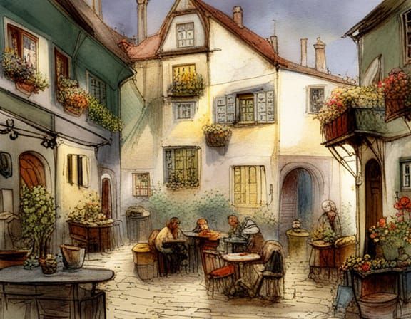 German Courtyard Scene in Fairytale Style