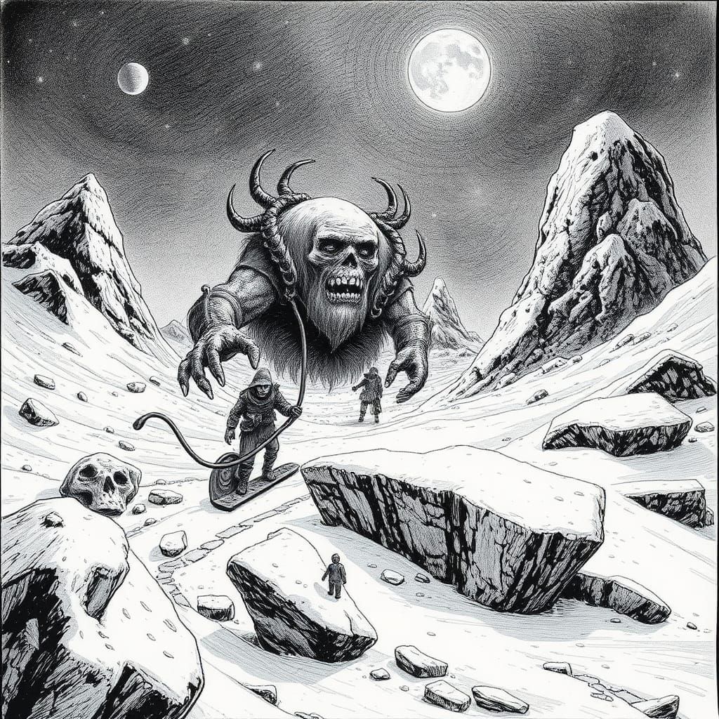 Golem's Journey: Hyperdetailed Scratchboard Ink Rendering