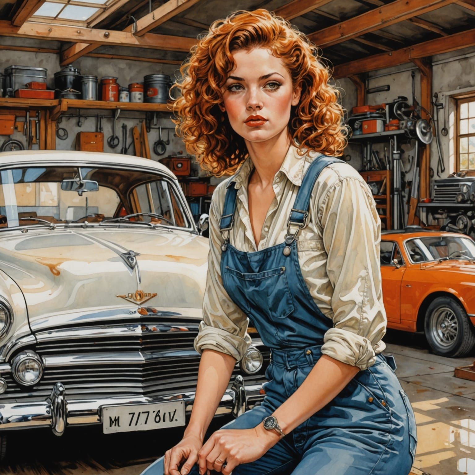 Curvy Woman Polishes Chrome Plated Gun in Vintage Garage