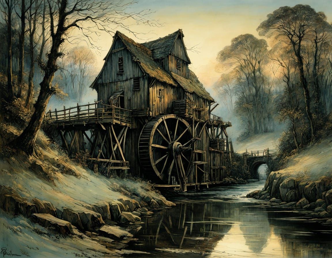 Mysterious Historic Watermill in Soft Evening Light