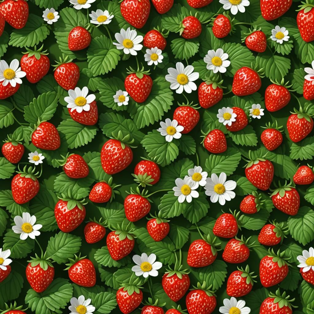Ripe Red Strawberry with Leaves and Flowers in 3D