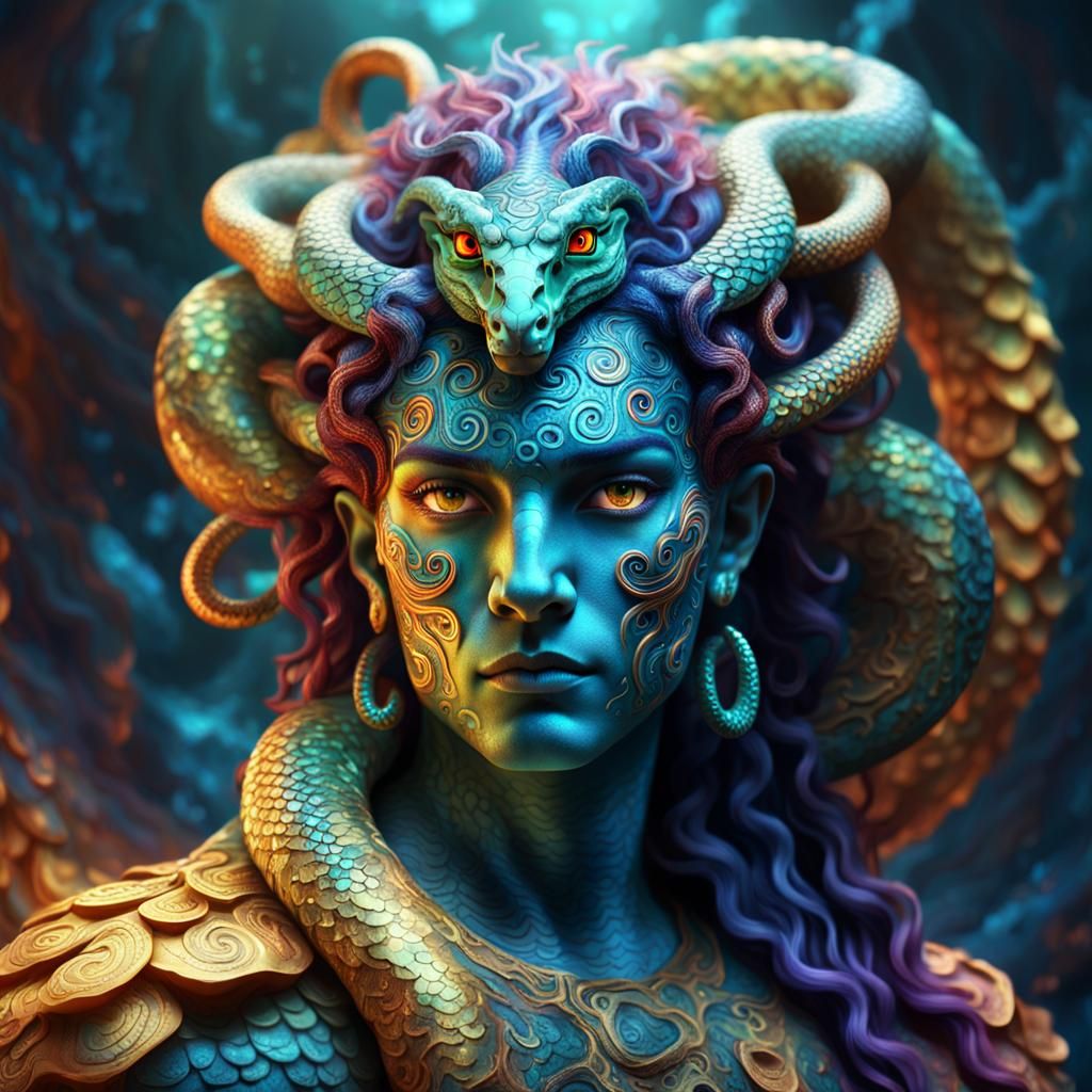 Mystical Gorgon with Iridescent Scales, in Fauvist Style