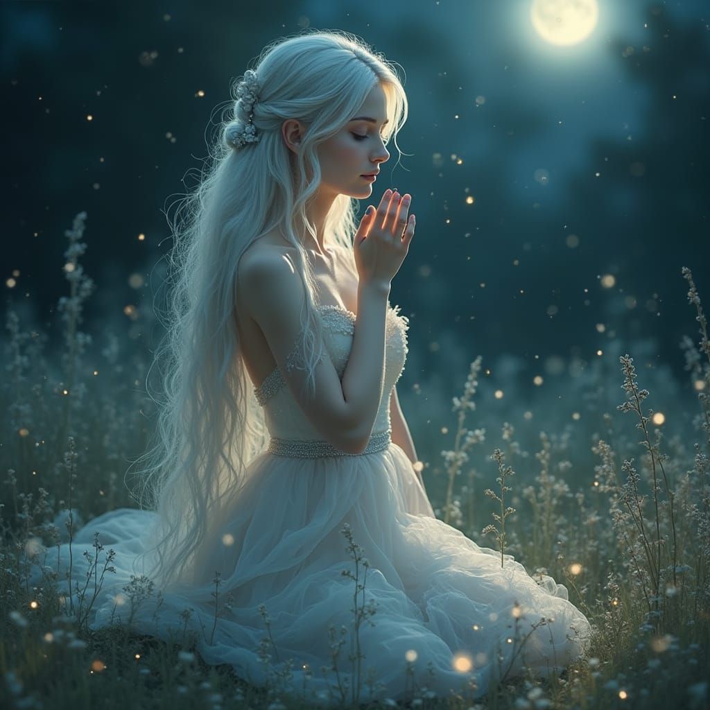 Ethereal Woman in Moonlit Meadow in Dreamlike Style