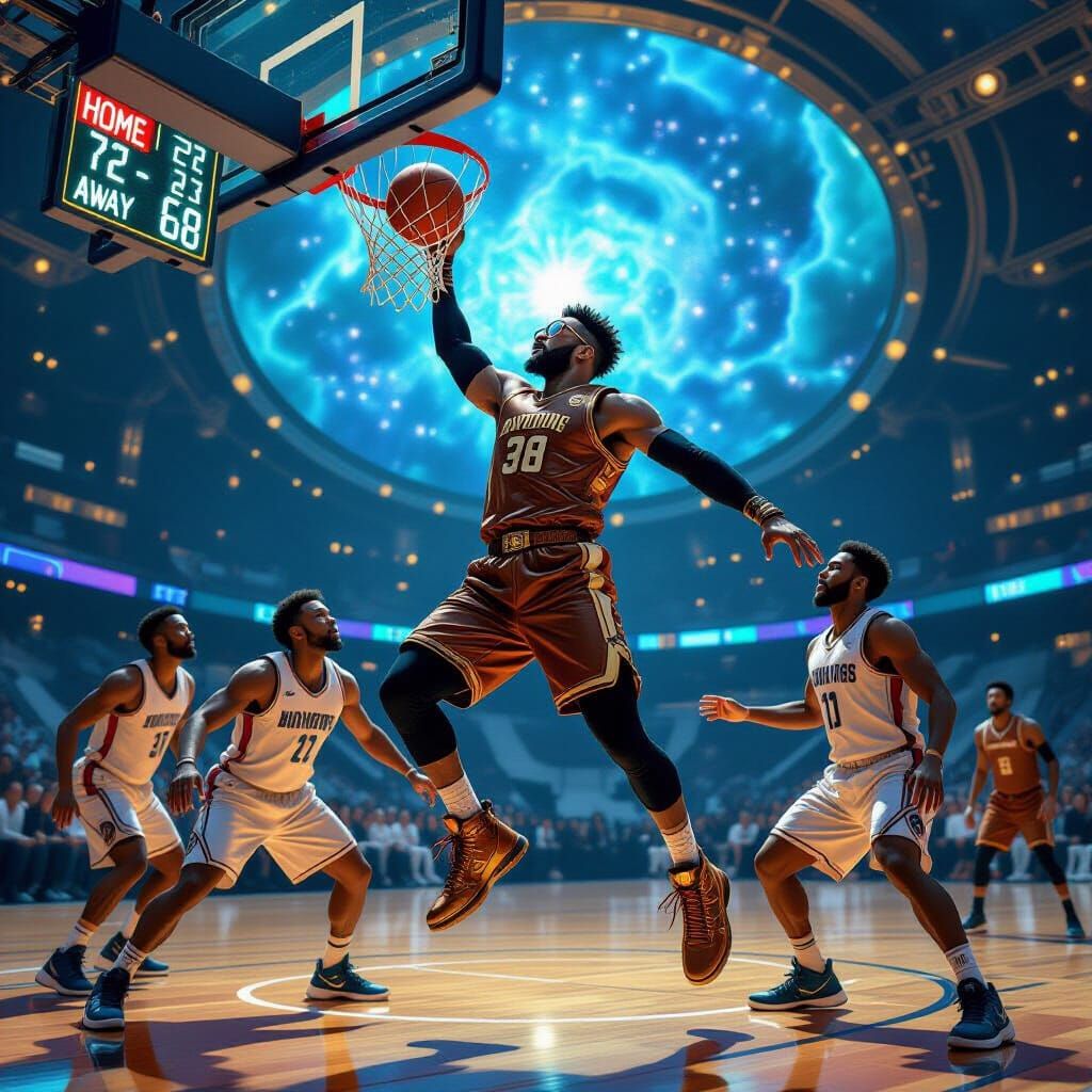 Steampunk Basketball Player Dunks in Art Nouveau Style