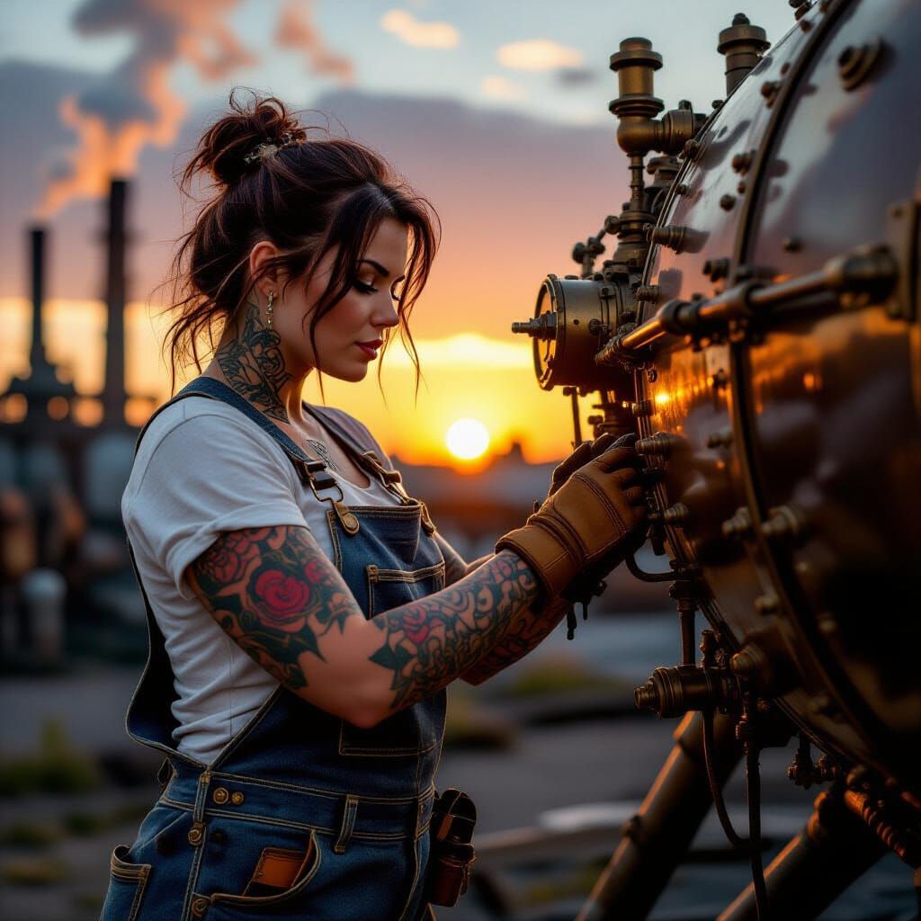 Steampunk Mechanic Repairs Dirigible as Sun Sets