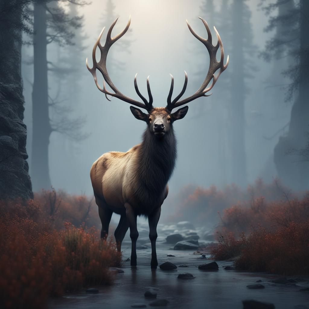 Elk in Fog, Digital Painting Style