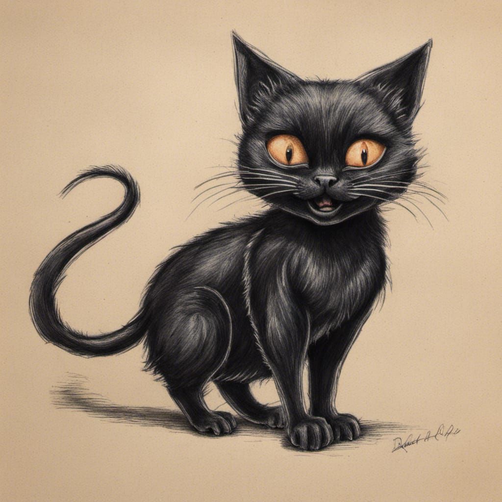 Mischievous Black Cat with Batwings Crayon Drawing