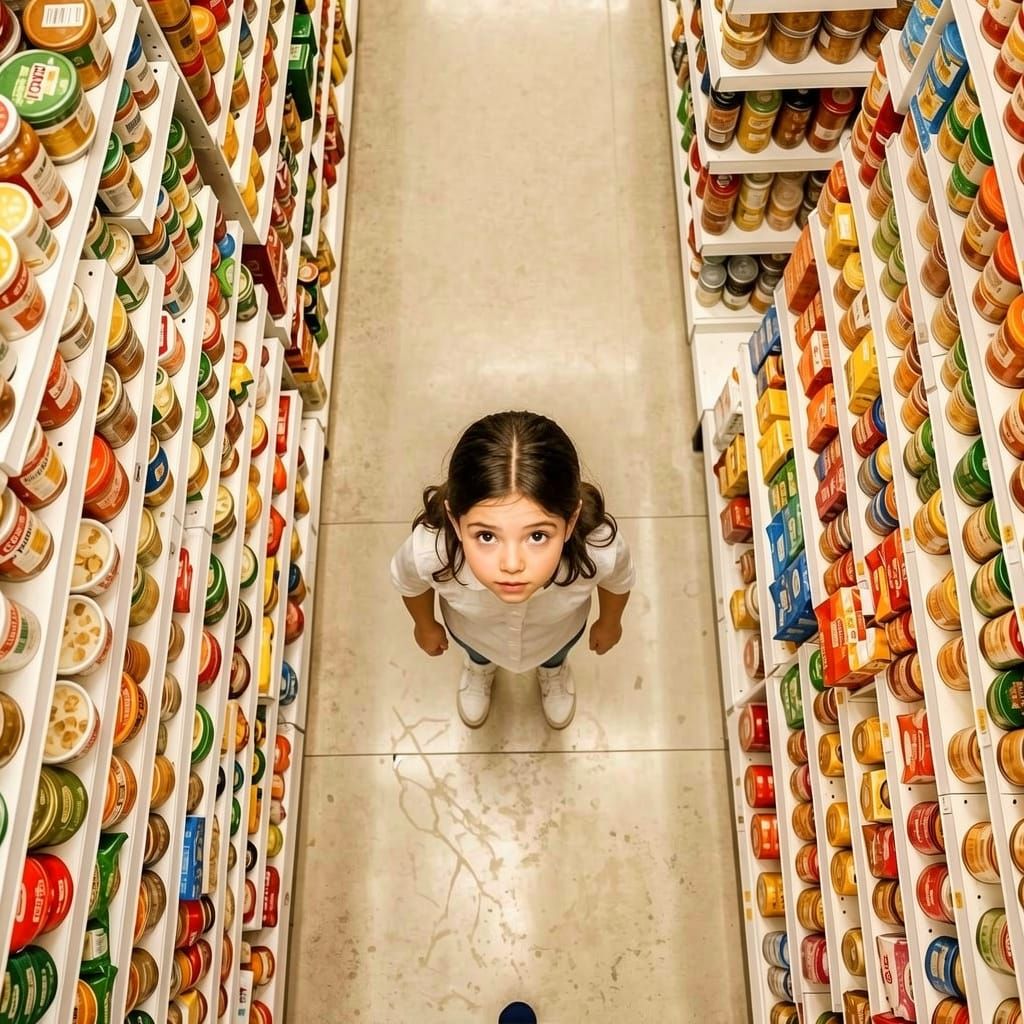 Girl Gazes Up in Grocery Store Soup Aisle