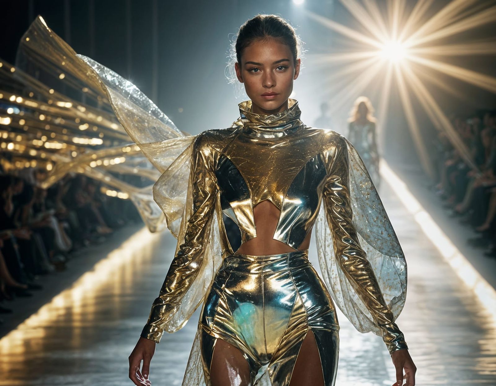 Glowing Fashion Model in Whimsical Postmodern Setting