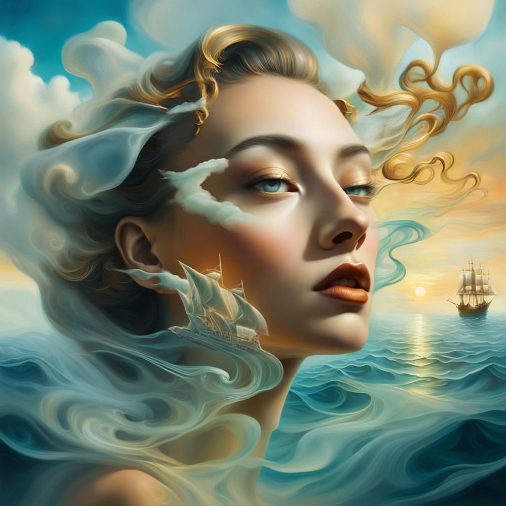 Ethereal Woman Blowing Ship at Sea
