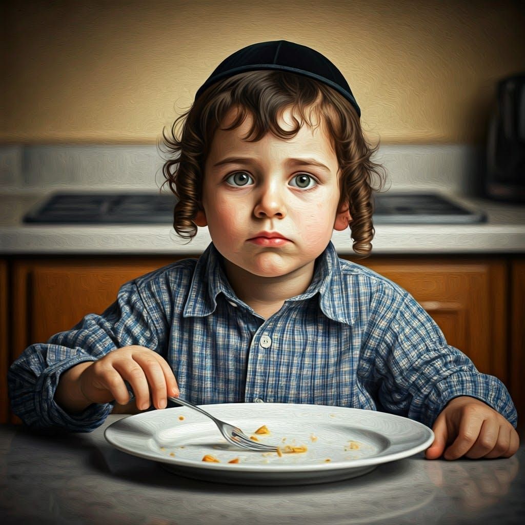 Charming Hasidic Boy in a Melancholic Kitchen