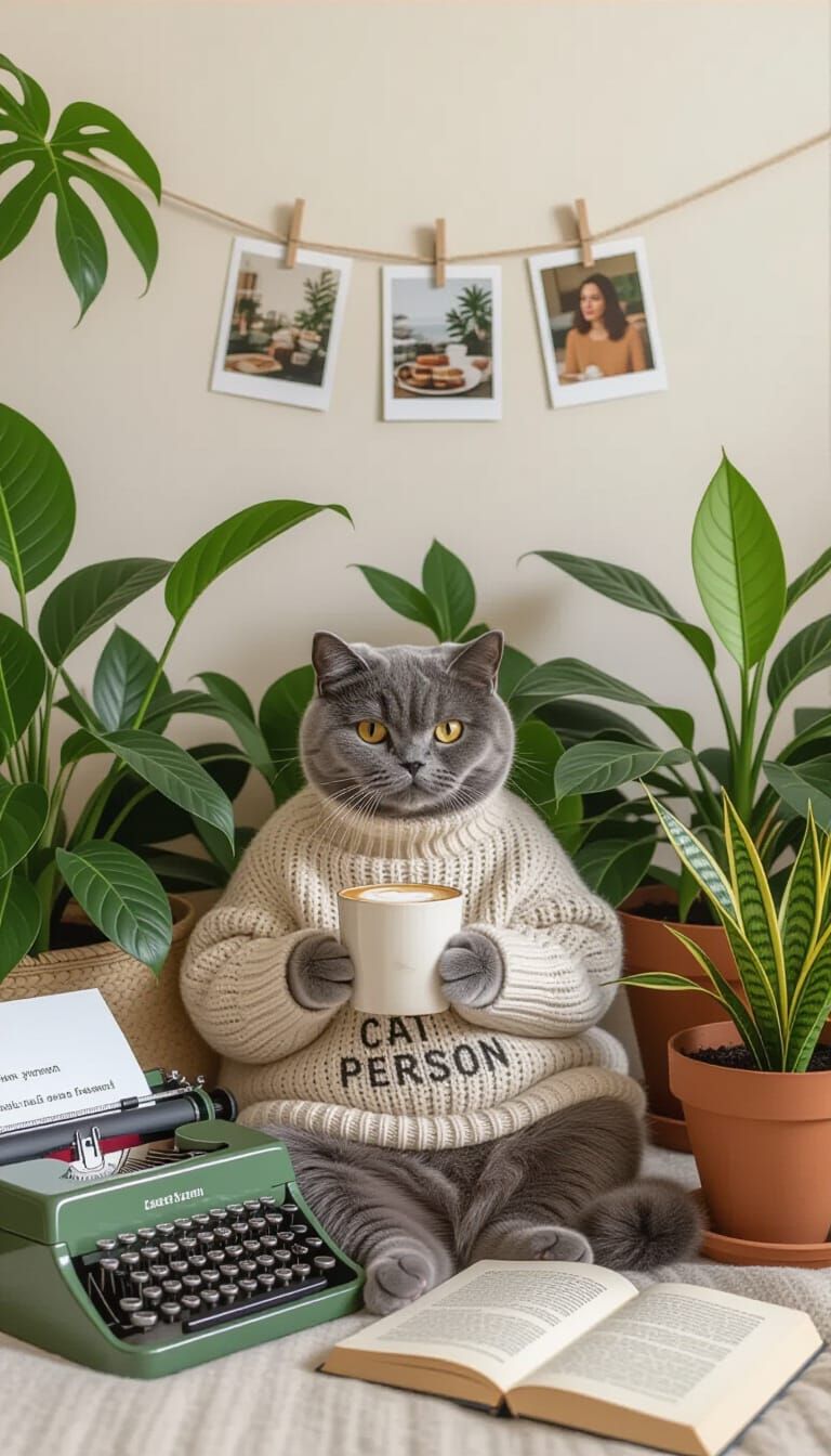 Hipster Cat Surrounded by Plants in Indie Style