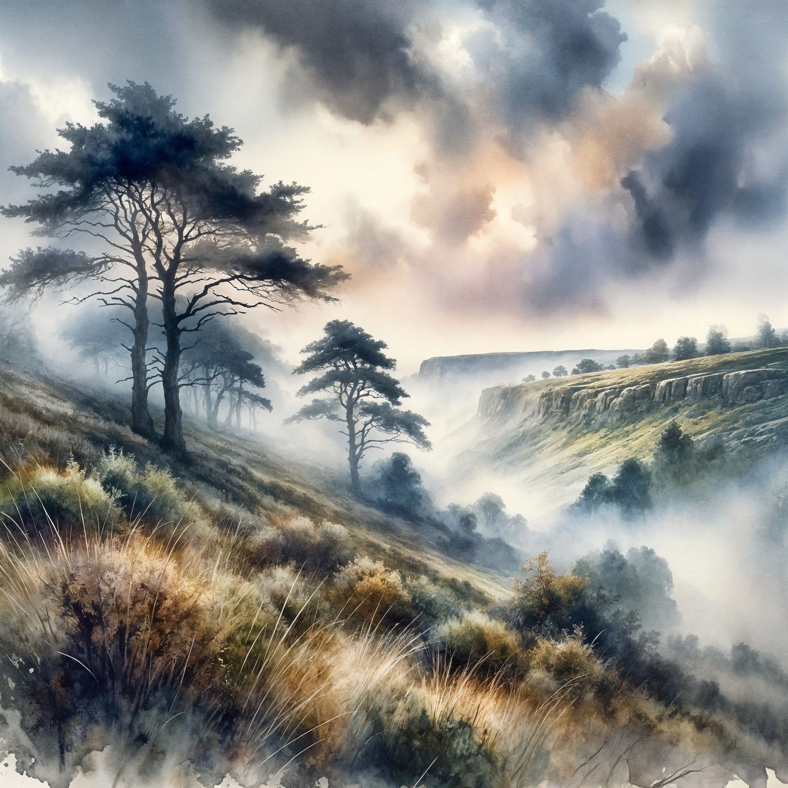 Misty Yorkshire Moors in Watercolor Style