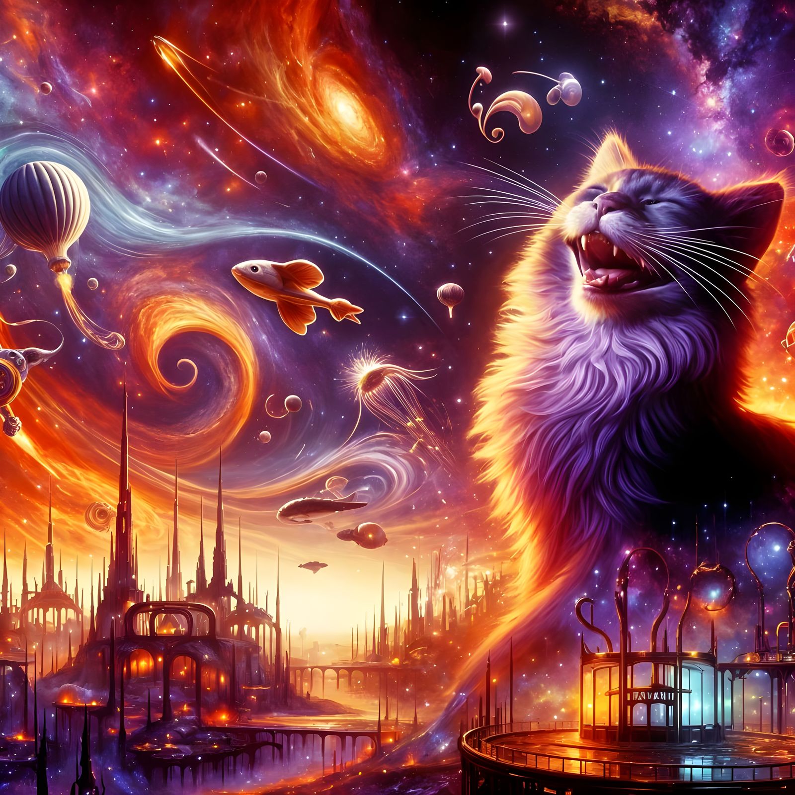 Fanciful Feline in Cosmic Dreamscape