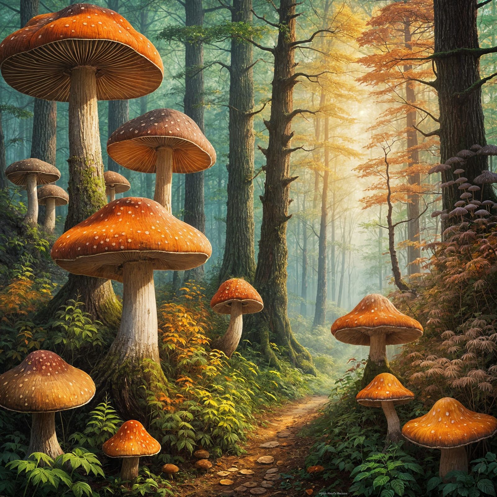 Dreamlike Forest with Mushrooms at Sunset