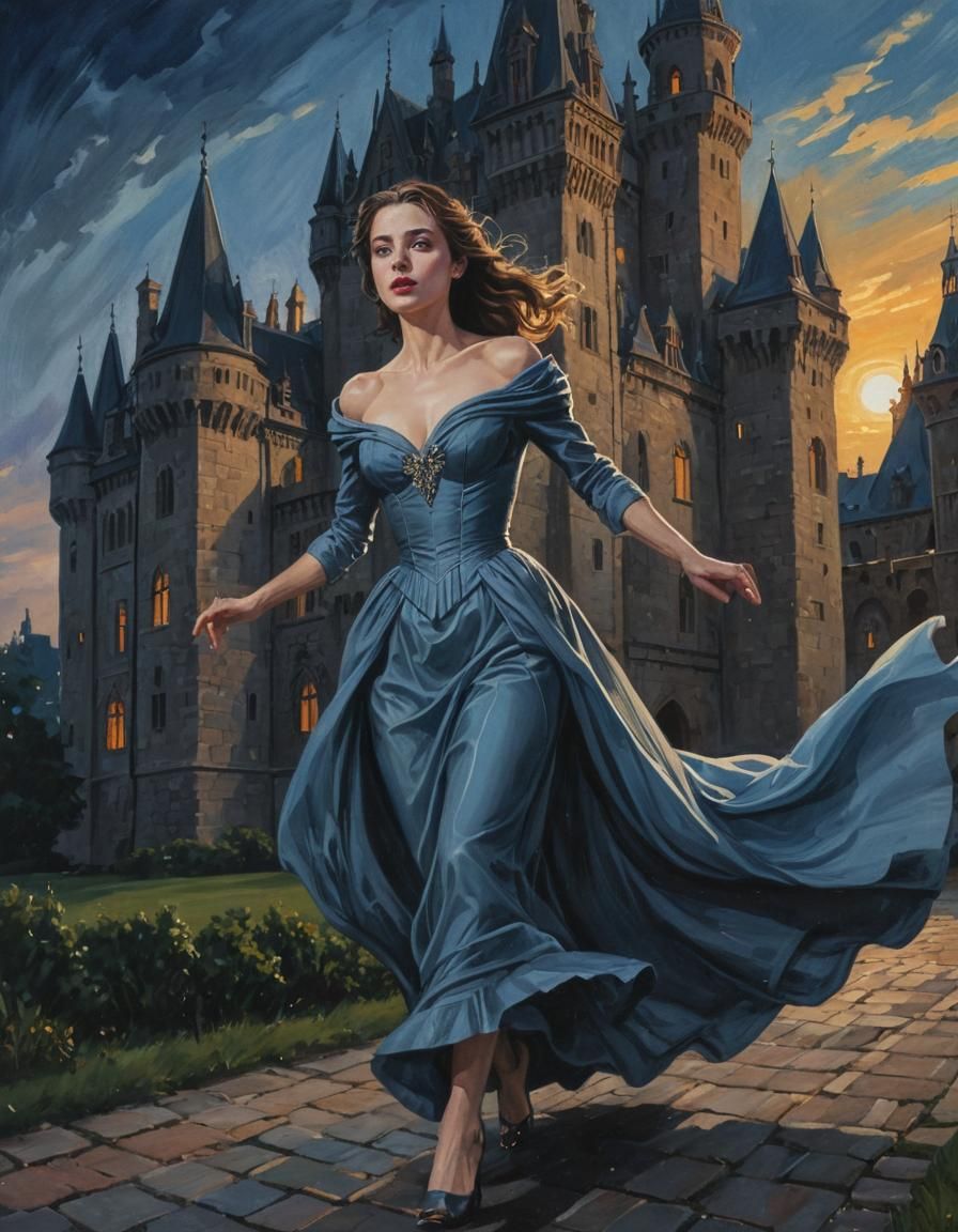 Gothic Romance: Woman Running from Castle at Twilight