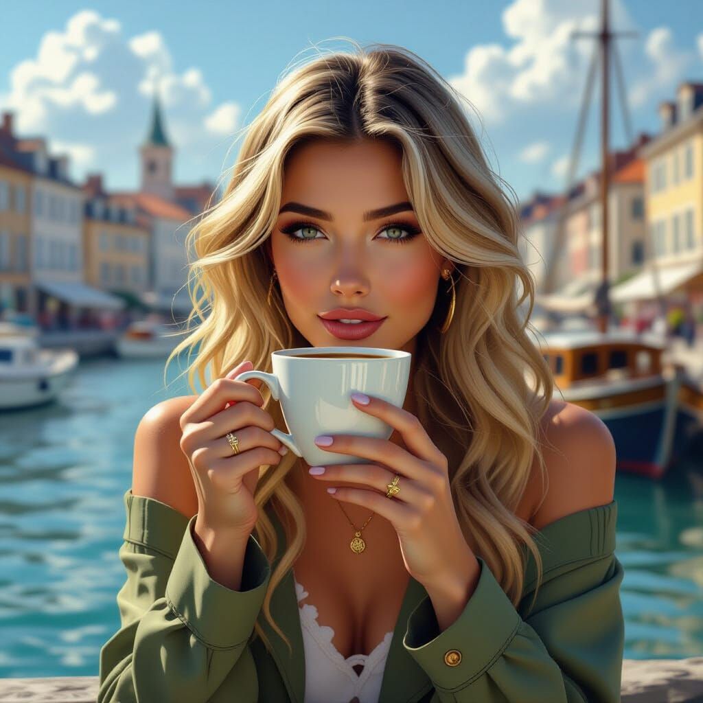 Alexandra Sipping Coffee in La Rochelle Harbour
