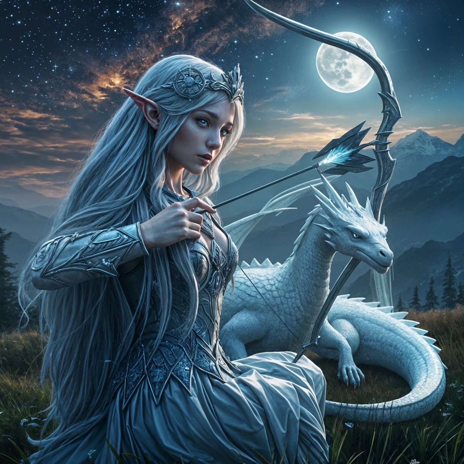Elven Princess in Moonlit Armor, Surrounded by a Winged Drag...