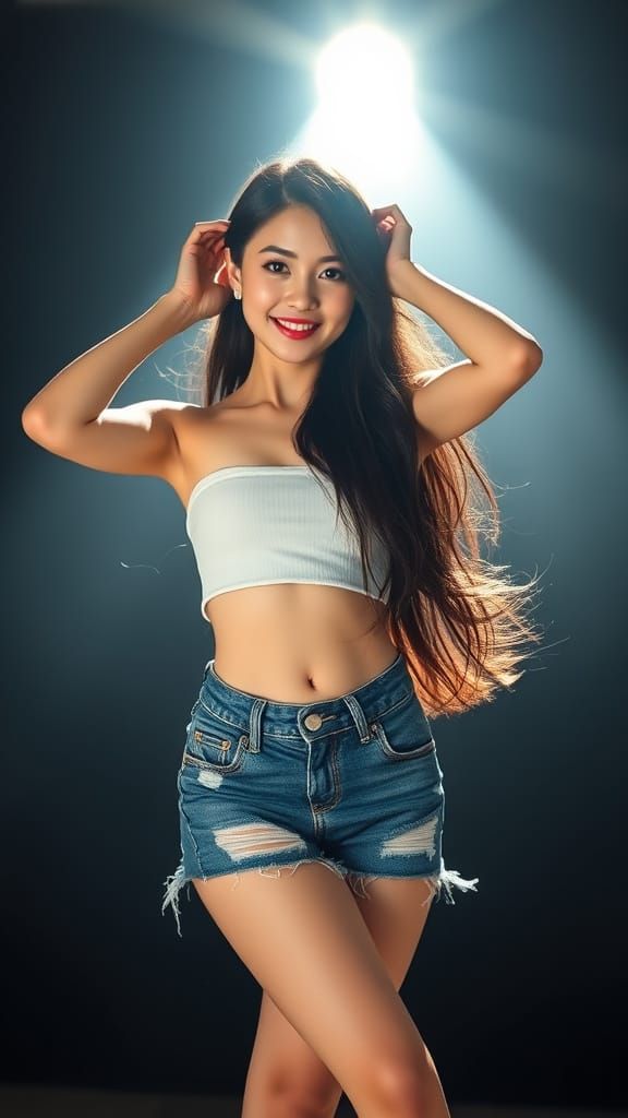 Korean Woman in Crop Top Posing Under Spotlight