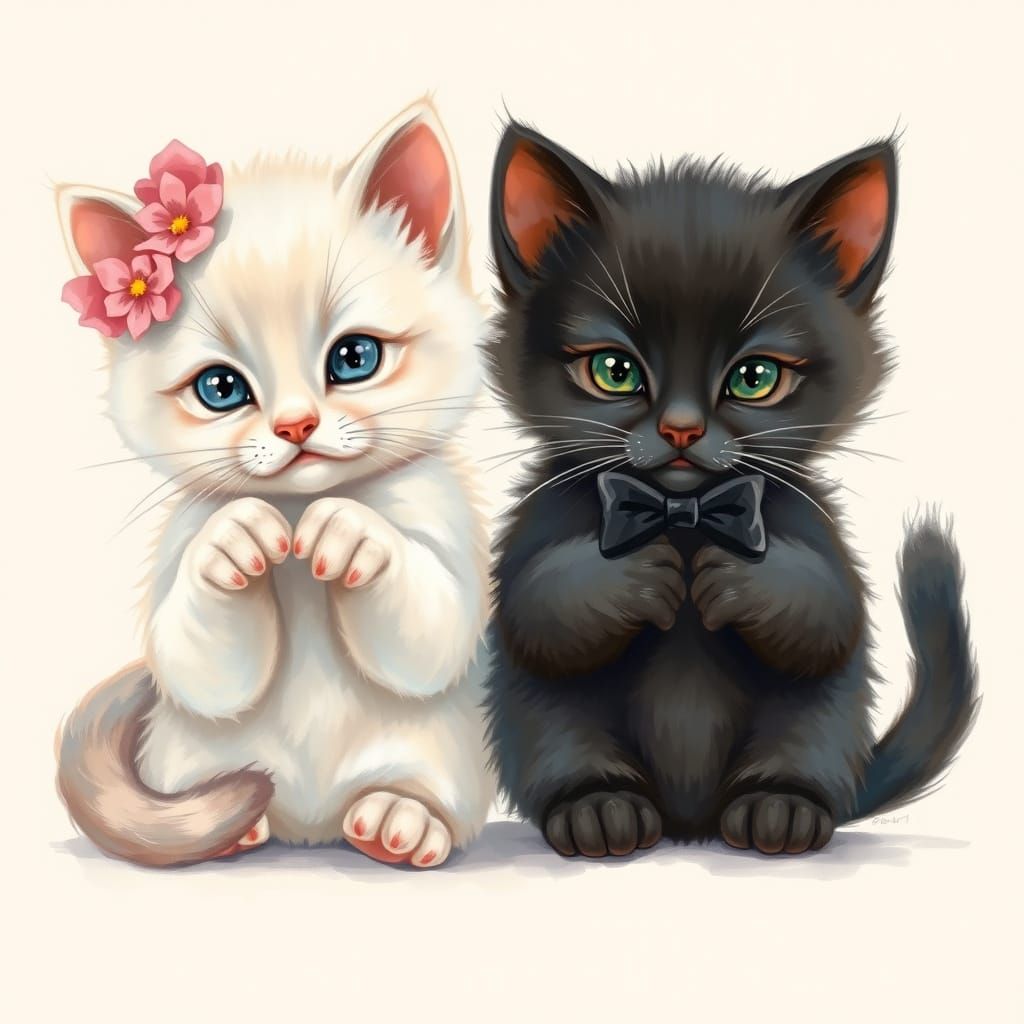 Whimsical Kitten Duo with Pink Bows and Floral Accents in So...