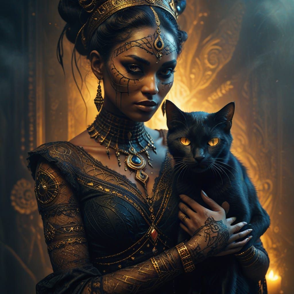 Voodoo Priestess with Black Cat in Dark Fantasy Style
